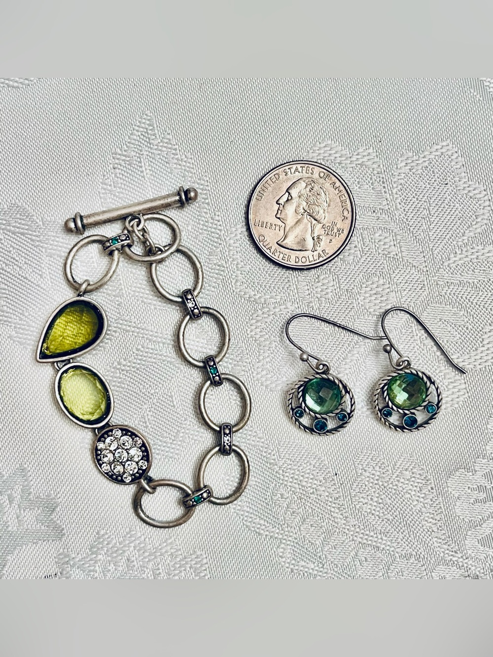 Lia Sophia Hypnotic Bracelet & Earrings Set Lime Green Silver Vintage Retired